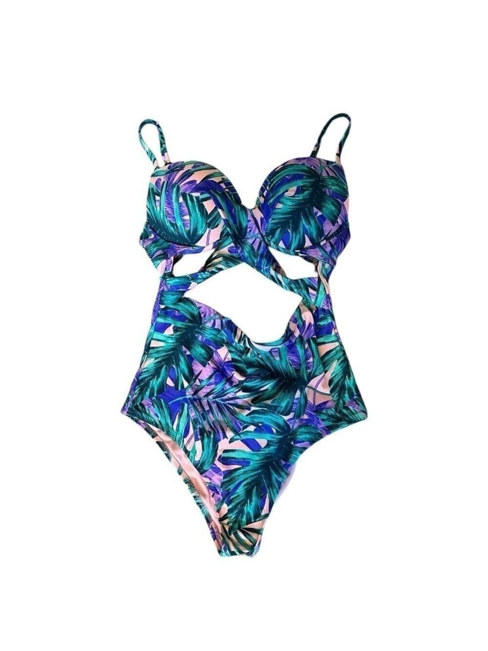 Shade & Shore One Piece Swimsuit Tropical Leaves with criss cross detail 36C euc
